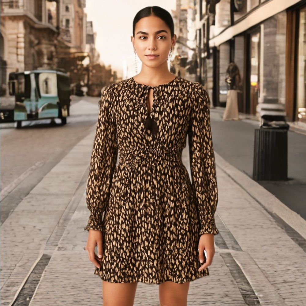 Cupio Brown Leopard Animal Print Ruched Fit & Flare Long Sleeve Dress Medium